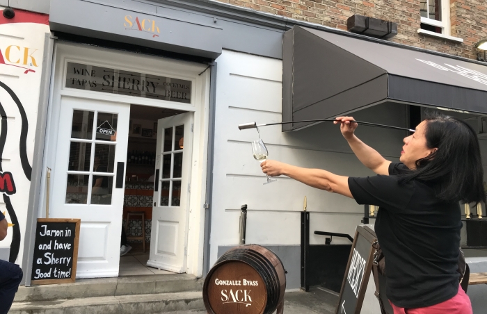 The art of the venenciador at top Sherry bar Sack, London EC1