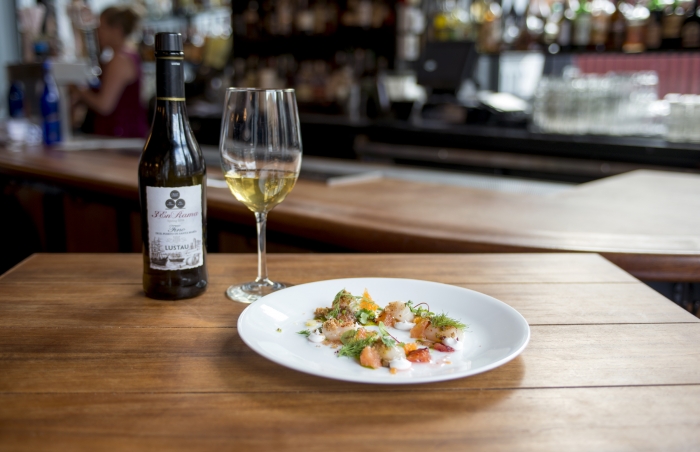 Beached Scallop, Toasted Coconut Cornbread Sand, Coconut Yogurt, Citrus, Gochujang and Sea Foam paired with Fino