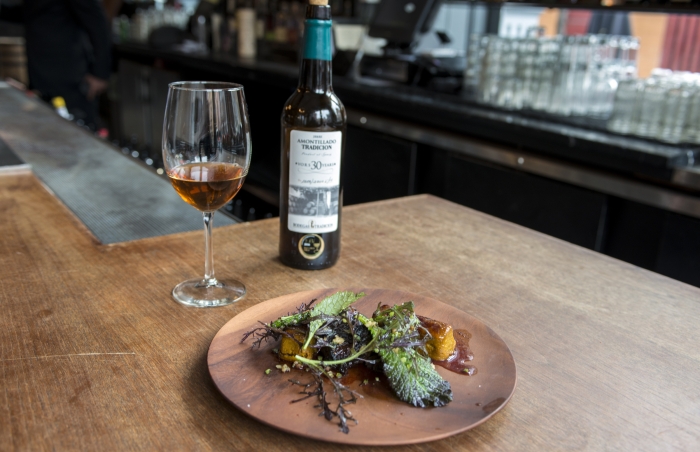 Cider & Kaffir Braised Shortribs, Espresso Rub, Bruleed Carrot Souffle, Pomegranate Jus and Toasted Walnuts paired with Amontillado VORS