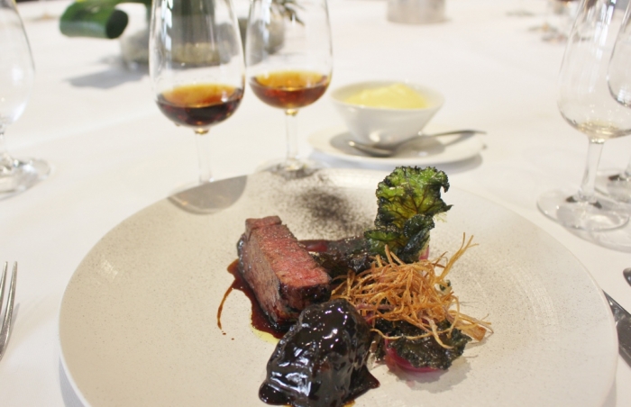Aged Rare Breed Beef, Sticky Ox Tail,  Miso Caramel, Aliums, Crispy Kale, Soot