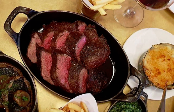 Steak and chips with a glass of Oloroso
