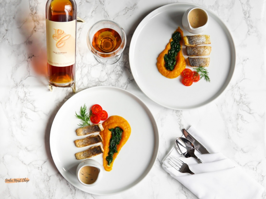 Spicy Pan-Fried Sea bass with Seasonal Veg with Palo Cortado