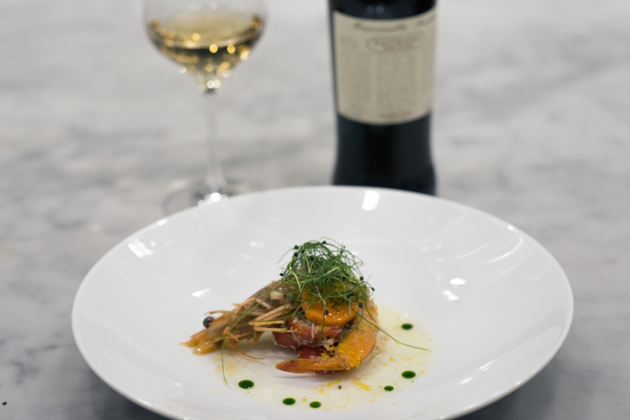 Spot Prawn Escabeche, mojama dust, saffron tomato water & chive oil